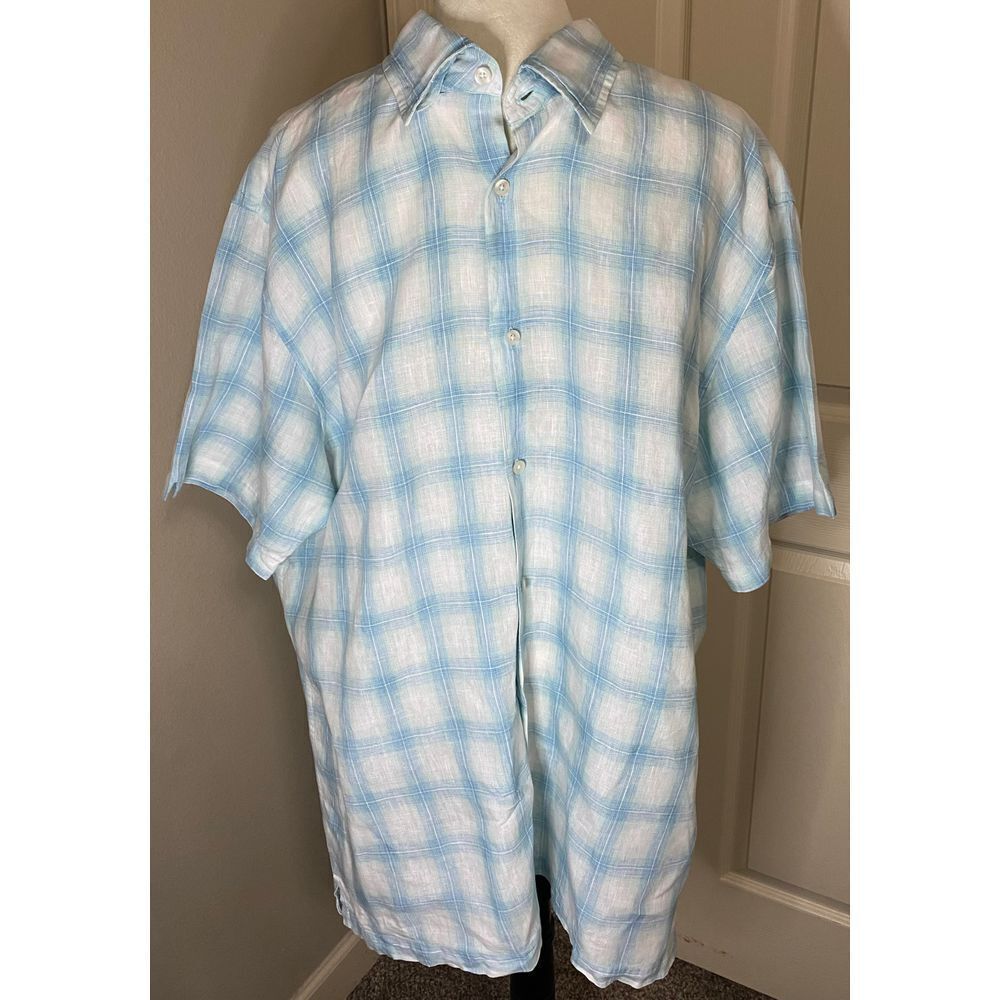 Per Uomo Men's Blue Plaid Short‎ Sleeve Linen Shirt Casual Summer Button-Down XL